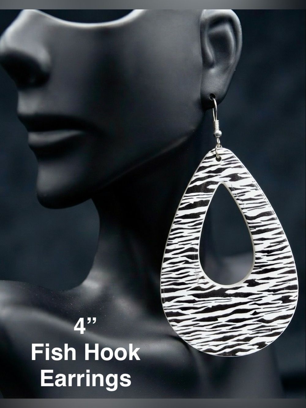 E33. Black and White Zebra Teardrop Fish Hook Earrings